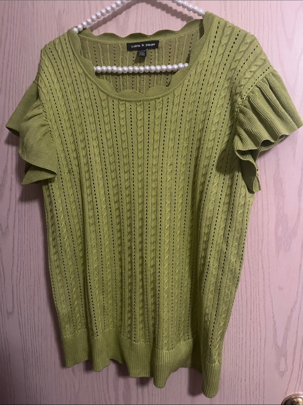 Cable & Gauge Olive Green Eyelet Knit Ruffle Sleeve Top